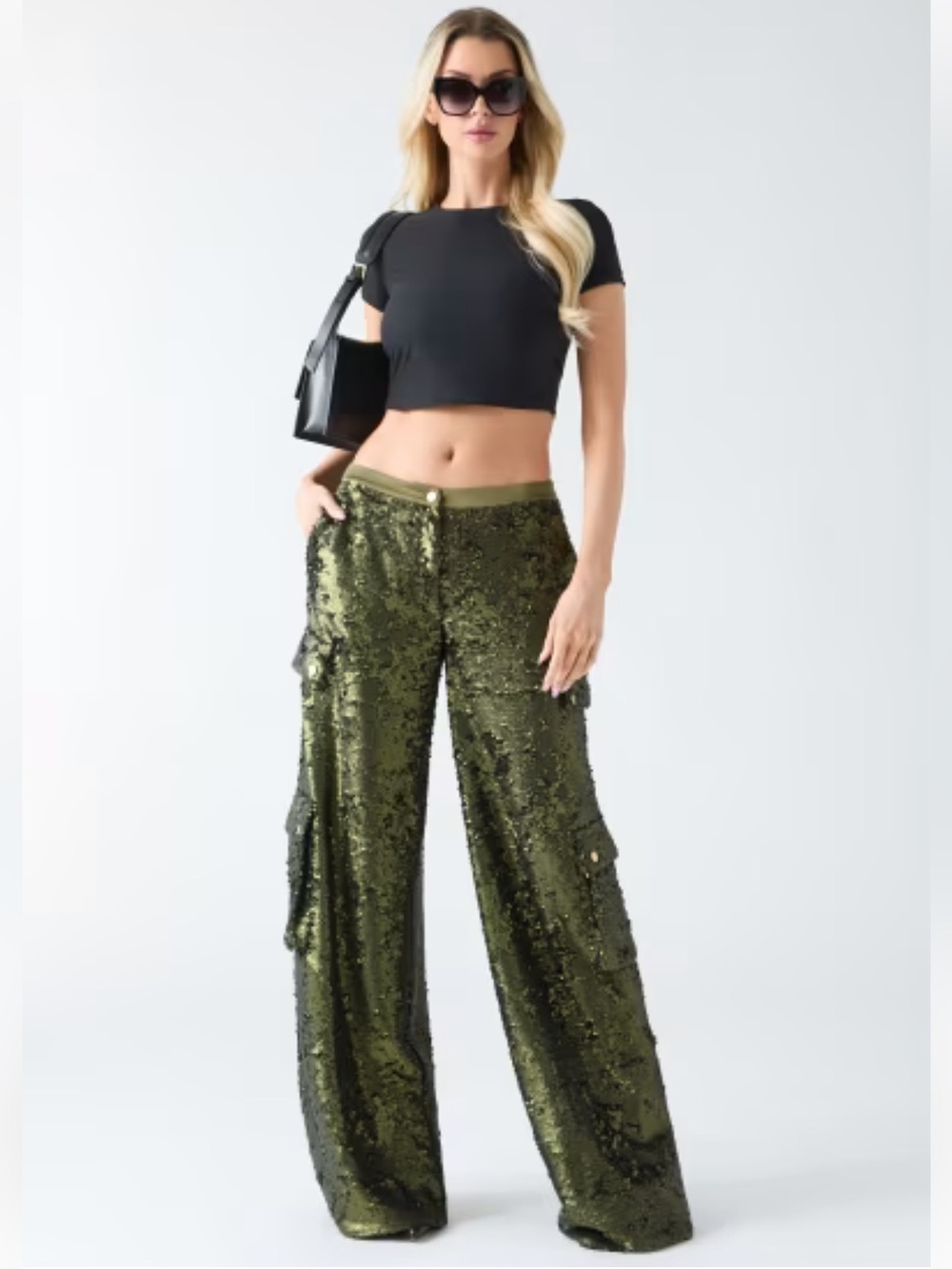 Marciano Olive Green Sequin Wide-Leg Cargo Pants - Size M